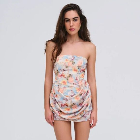 For Love & Lemons Floral Drape Strapless Mini Dress L - Picture 2 of 7
